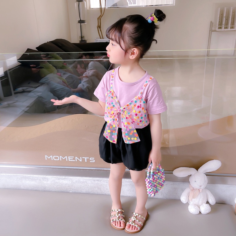 Set Áo Thun Thắt Nơ Phối Chân Váy Đen Hồng Thời Trang Cho Bé Gái