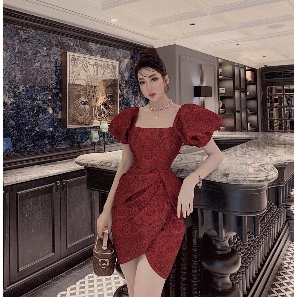Đầm gấm cổ vuông dự tiệc sang trọng quý phái Ema Dress