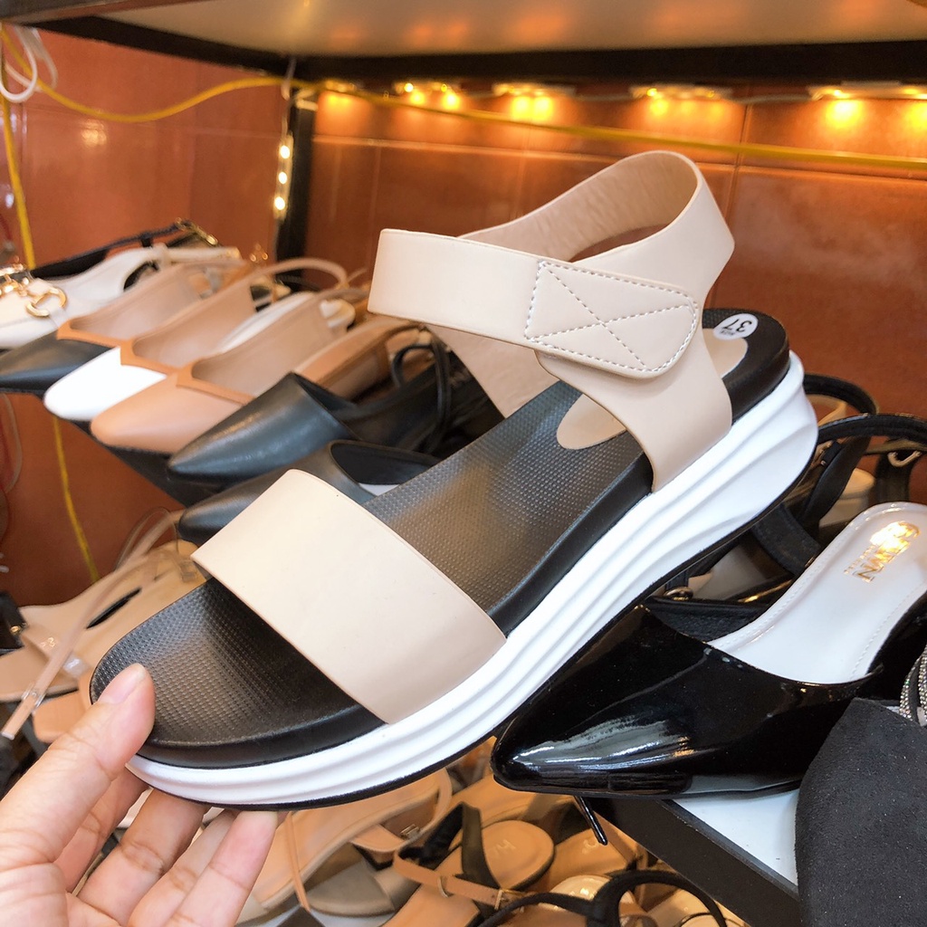 Sandal Đế Xuồng 3 phân Siêu nhẹ Quai ngang Dán tiện dụng Da Cao Cấp Chuẩn Xinh VNXK