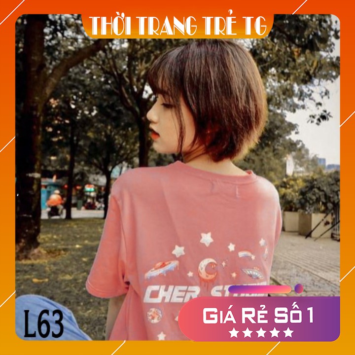 Áo thun 𝑭𝒓𝒆𝒆𝒔𝒉𝒊𝒑 Áo nữ freesize phông form rộng dáng Unisex L63, mặc lớp, nhóm, cặp in chữ CHER STUDIO màu hồng.