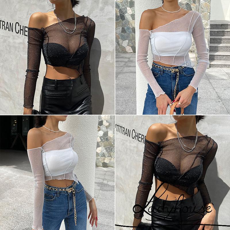 Áo Thun Crop Top Tay Dài Vải Lưới Mỏng Lấp Lánh Thời Trang Cho Bạn Gái