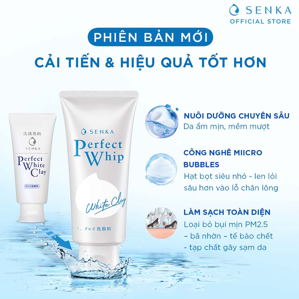 Sữa rửa mặt Senka Perfect White Clay 120g tẩy tế bào chết dưỡng trắng sáng ẩm mịn đều màu da