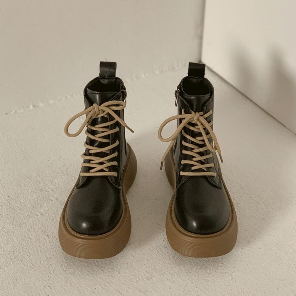 Bốt da nữ, boot nữ đế độn cổ lửng phong cách Hàn Quốc chất liệu da PU cao cấp đế cao su độn 5cm  BOT02