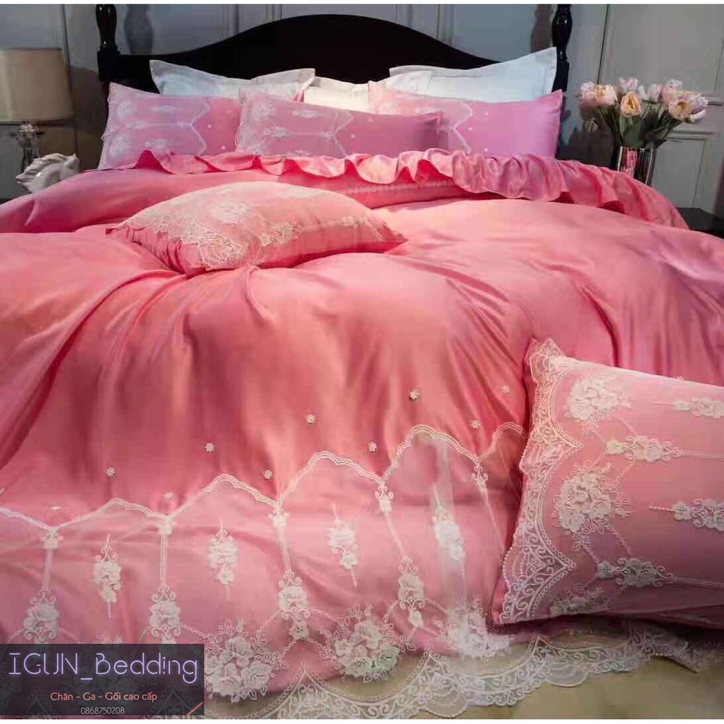 set LỤA CÔ DÂU màu hồng bộ Chăn Ga Gối cưới Lụa thêu cao cấp