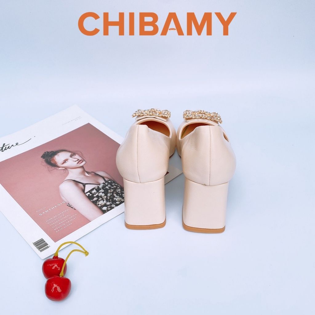 Giày cao gót nữ đính đá 5cm CHIBAMY, gót vuông mũi nhọn chất da mềm mã CG03