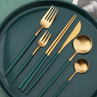 Đũa thìa 🍃 Bộ sưu tập dao thìa dĩa đũa lẻ inox 304 mạ vàng tĩnh điện tay cầm gốm xanh cổ vịt