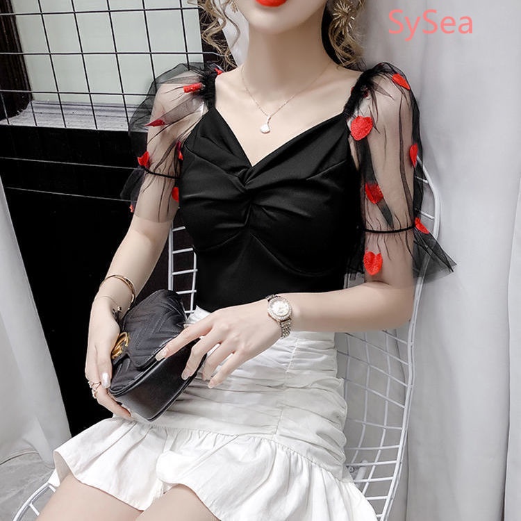 Áo Kiểu Cổ Chữ V Phối Lưới Thời Trang Mùa Hè Cho Nữ