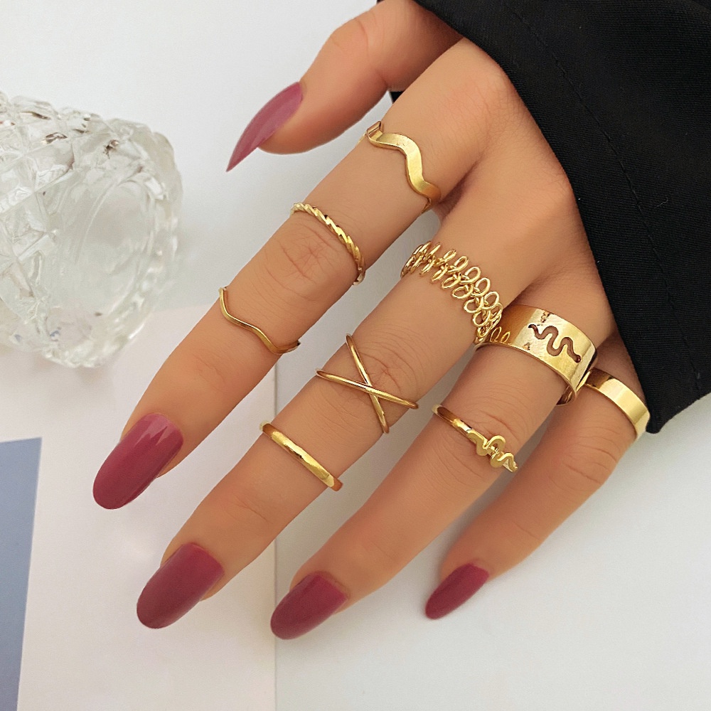 Set 9 Nhẫn Kim Loại Hoạ Tiết Hình Học/Rắn Sóng