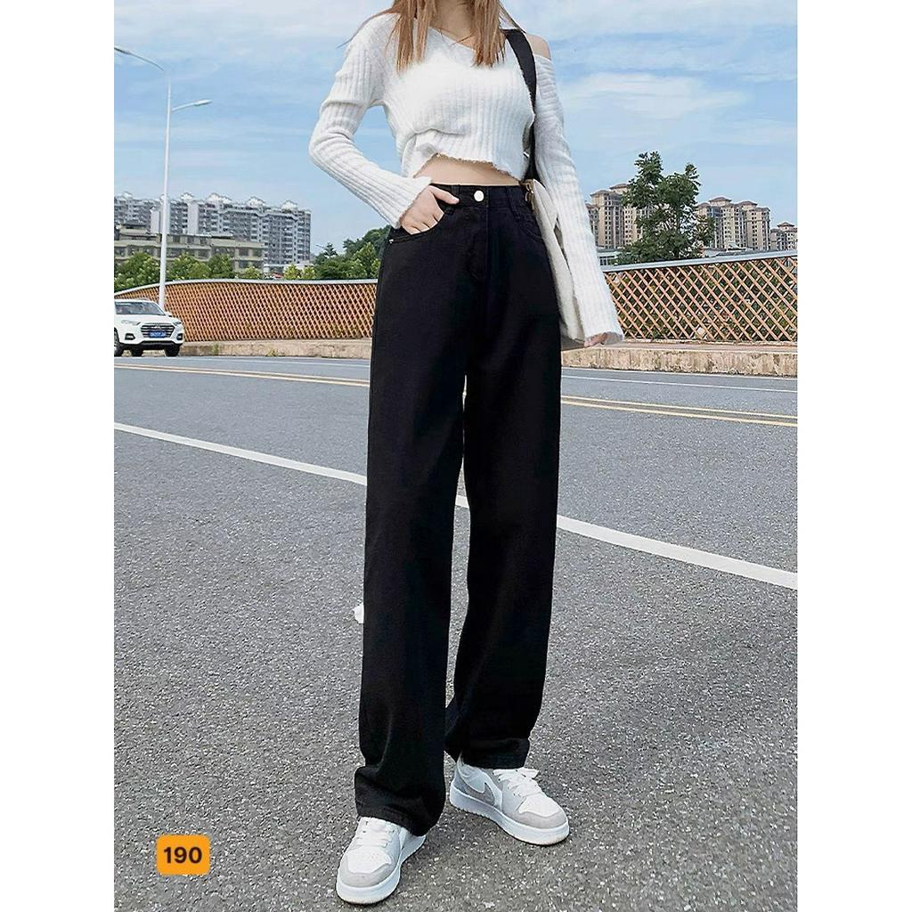 Quần beggy nữ màu đen cắt lai chất jean dày dặn, Quần ống rộng nữ form rộng thoải mái hoạt động T-fashion 24h bg3264