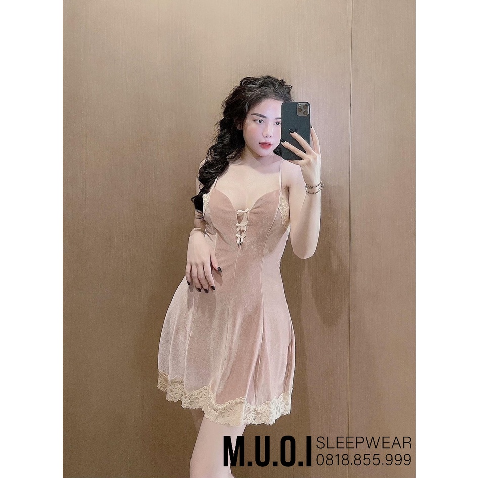 Váy ngủ 2 dây lụa nhung cao cấp đầm ngủ dễ thương mặc nhà gợi cảm quyến rũ Sx 185  - Muối Sleepwear