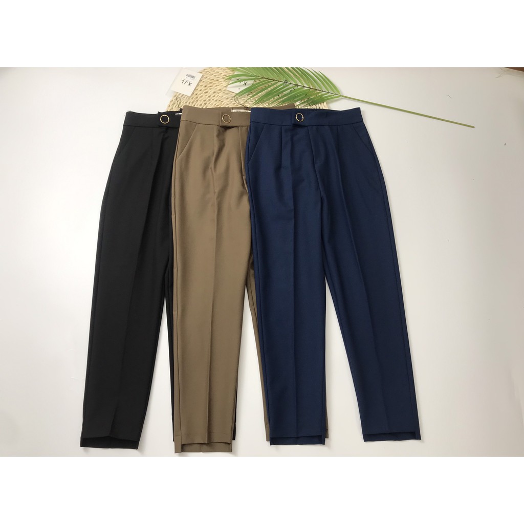 Quần baggy nữ đai tròn đẹp cúc bấm gầu lệch đồ công sở form dáng chuẩn chất vải cao cấp