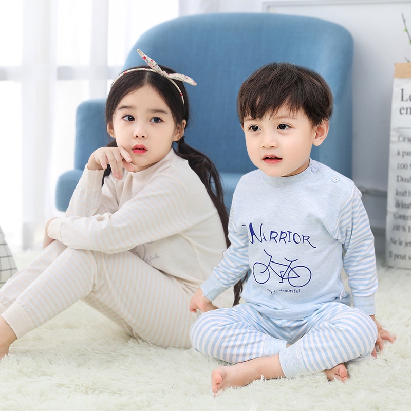 Set đồ ngủ tay dài chất liệu cotton giữ ấm màu sắc thời trang thu đông cho bé 80-130cm