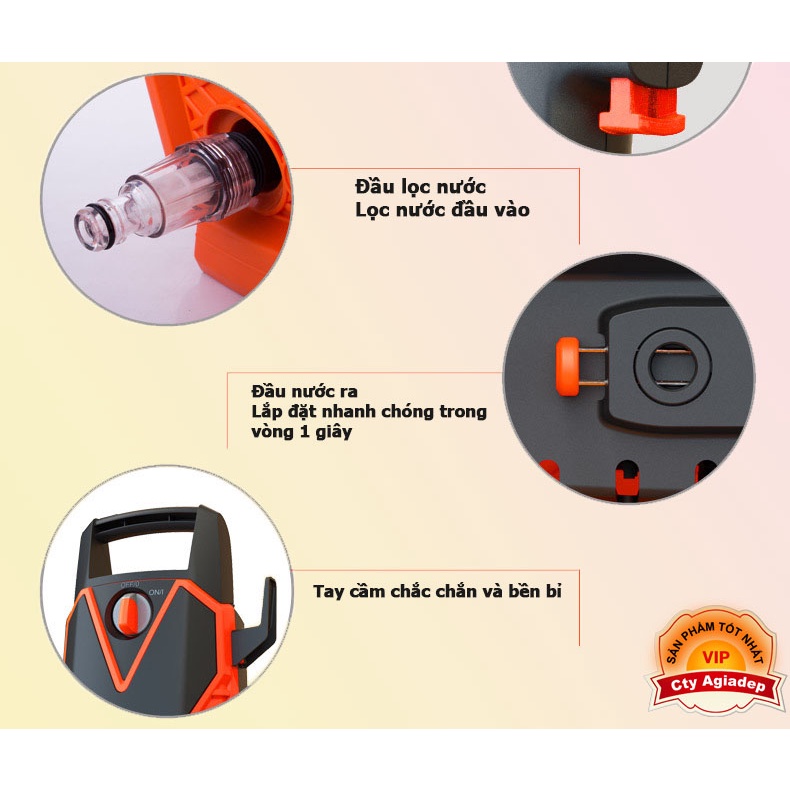 Bơm Áp Lực Siêu Tăng Áp 1400W-100BAR rửa xe ô tô, xe máy, rửa sân Agiadep
