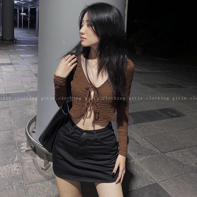 Áo cardigan croptop nâu + CHÂN VÁY kaki form chữ A