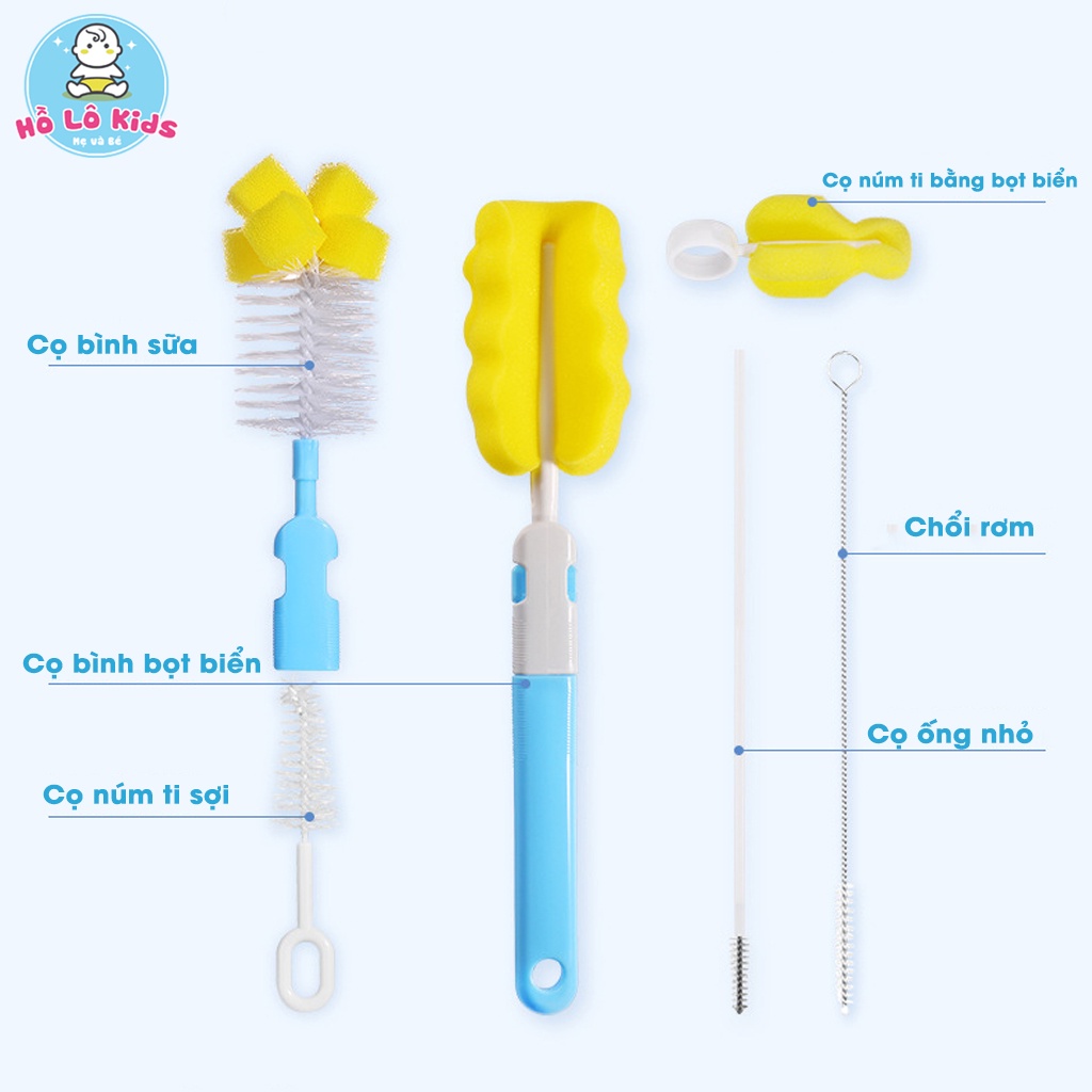 Bộ cọ bình sữa bọt biển 6 chi tiết, cọ mút xốp rửa núm bình cho bé Hồ Lô Kids