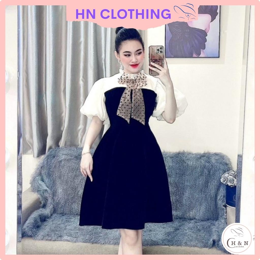 Váy nữ Thiết Kế xòe tay bồng nơ cổ xinh xắn, Đầm nhung dự tiệc sang chảnh HN clothing V25 2 | BigBuy360 - bigbuy360.vn