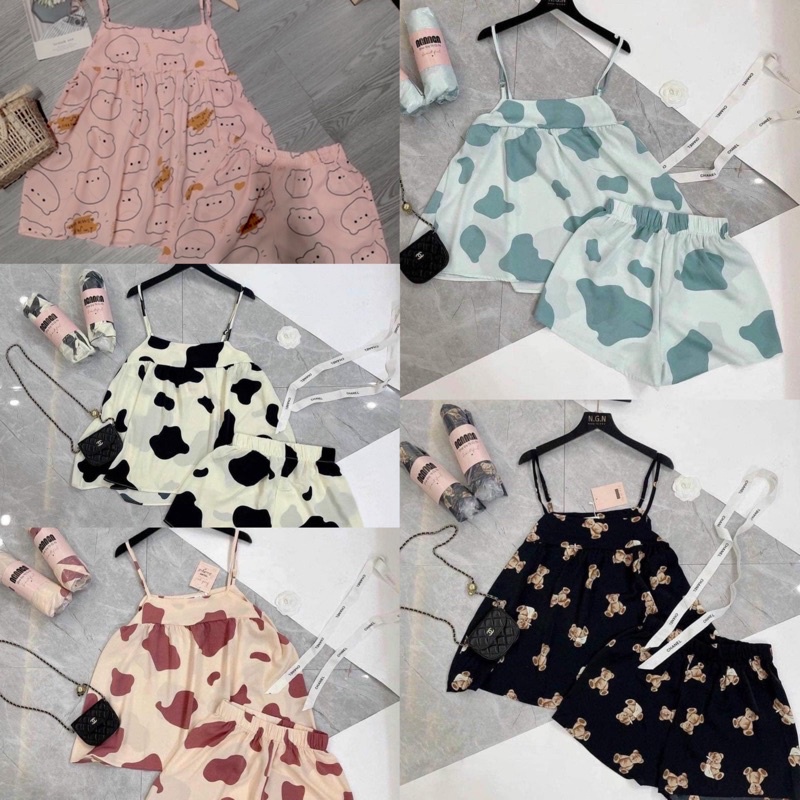 Set đồ bộ 2 dây mặc nhà, Pijama áo hai dây quần đùi ngắn Đồ bộ mặc nhà họa tiết bò sữa hoạt hình