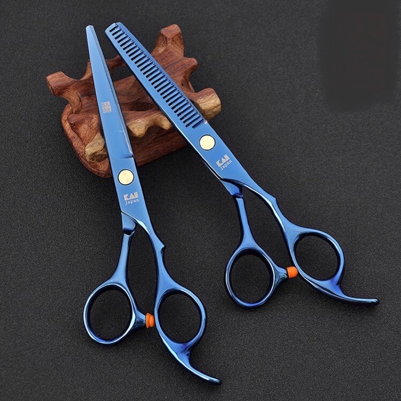 Bộ 2 kéo  (1 cắt + 1 tỉa) KAI xanh - Cắt tóc gia đình đẹp sắc bén Mua 1 bộ tặng ví da và phụ kiện