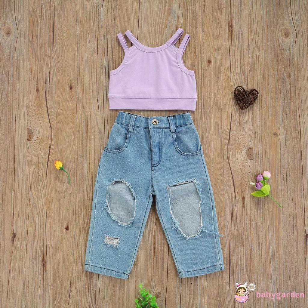 Set Áo hai dây + Quần Jeans Lưng Cao Thời Trang Mùa Hè Cho Bé Gái 1-7 Tuổi