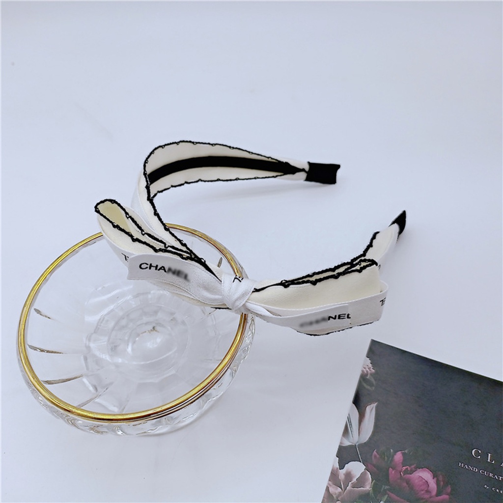 Bờm cài tóc vải lụa satin lémi thắt nơ viền ren 2 màu đen và trắng thời trang Hàn Quốc