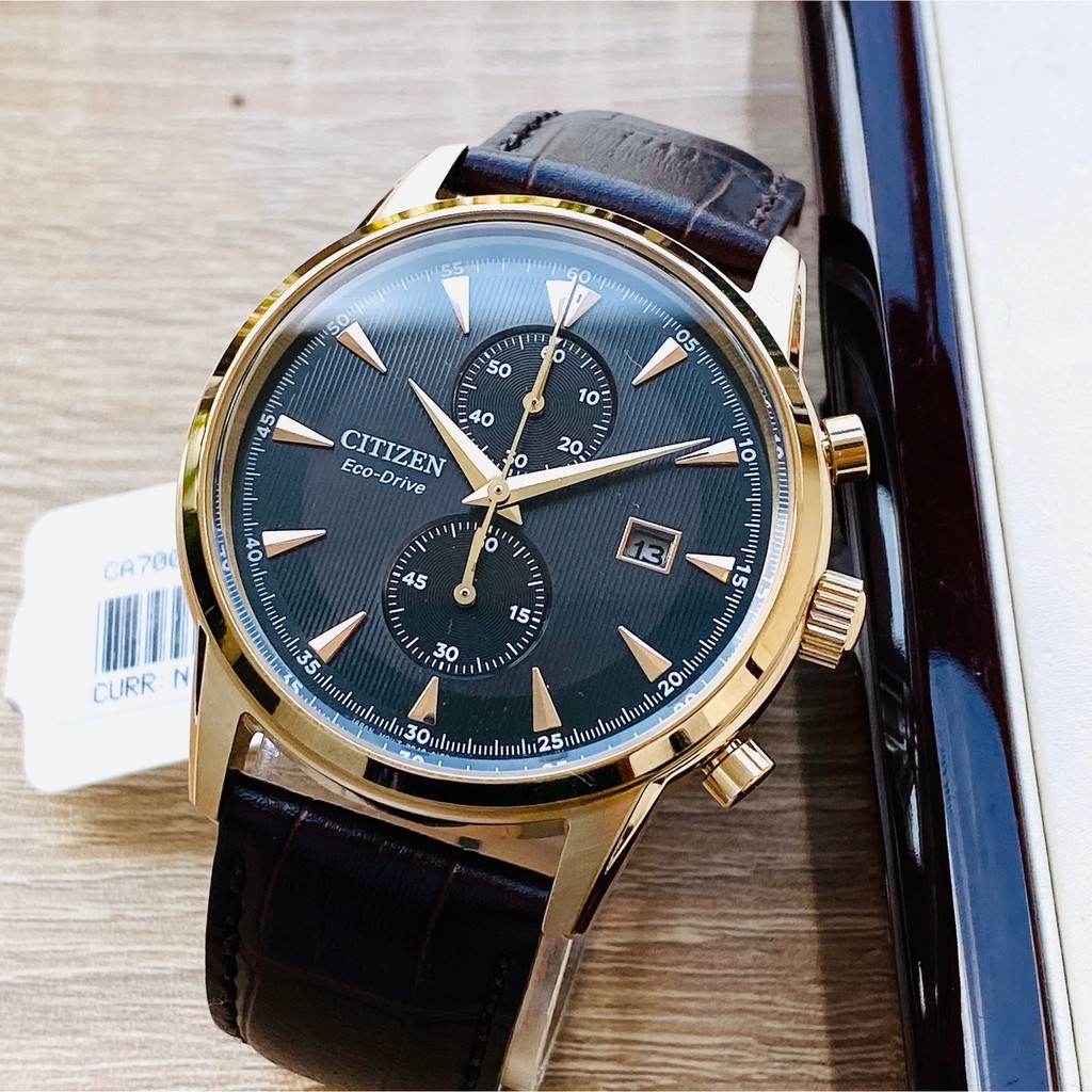 Đồng hồ Nam chính hãng Citizen Eco-Drive Chronograph CA7003-06E Mặt đen,Lịch ngày-Năng lượng ánh sáng-Dây da-Size 43mm