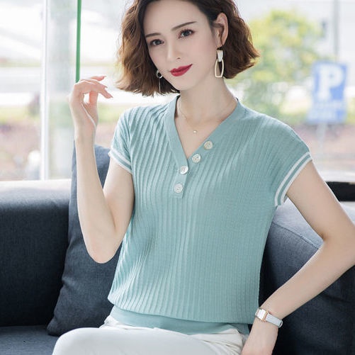 Áo Thun Dệt Kim Tay Ngắn Dáng Rộng Phối Nút Màu Sắc Trẻ Trung Cho Nữ Trung Niên | BigBuy360 - bigbuy360.vn