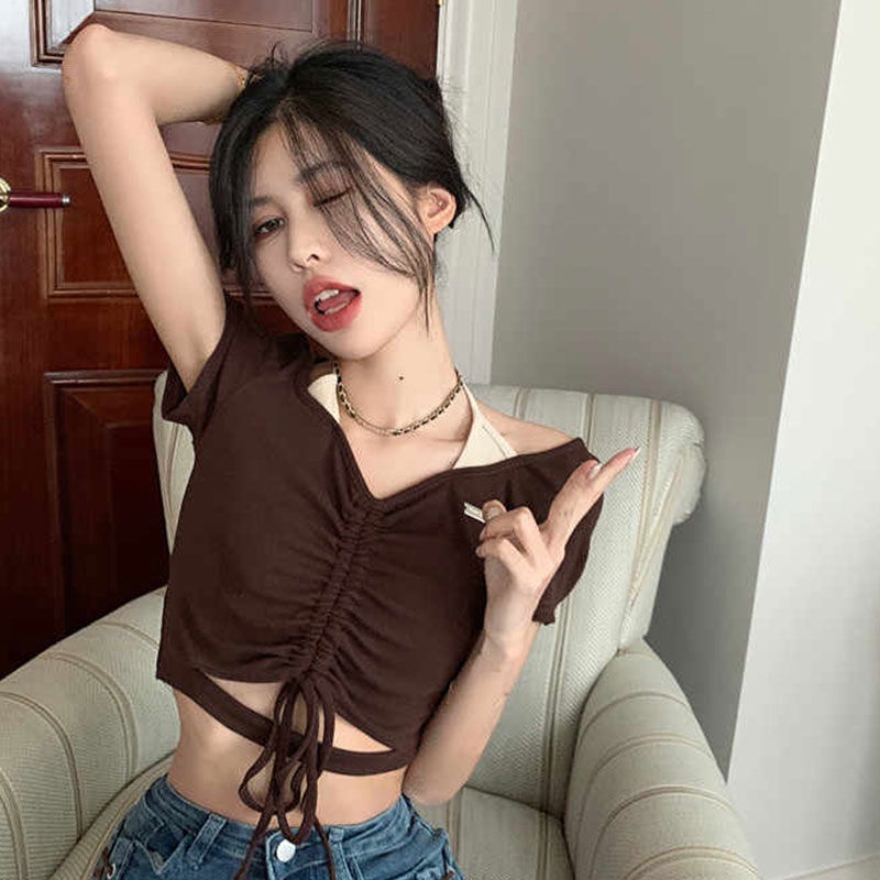 Áo Thun Ngắn Tay Cổ Chữ V Thiết Kế Lệch Tà Quyến Rũ Thời Trang Cho Nữ