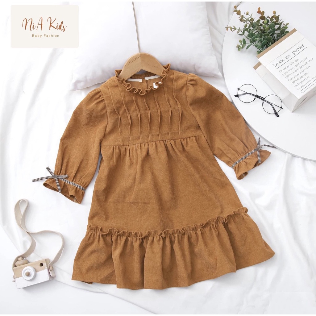 Đầm bé gái NiA Kids, đầm công chúa vải nhung dài tay dáng xòe kiểu đuôi cá xếp ly ngực cực xinh (11-32kg) - Dx01