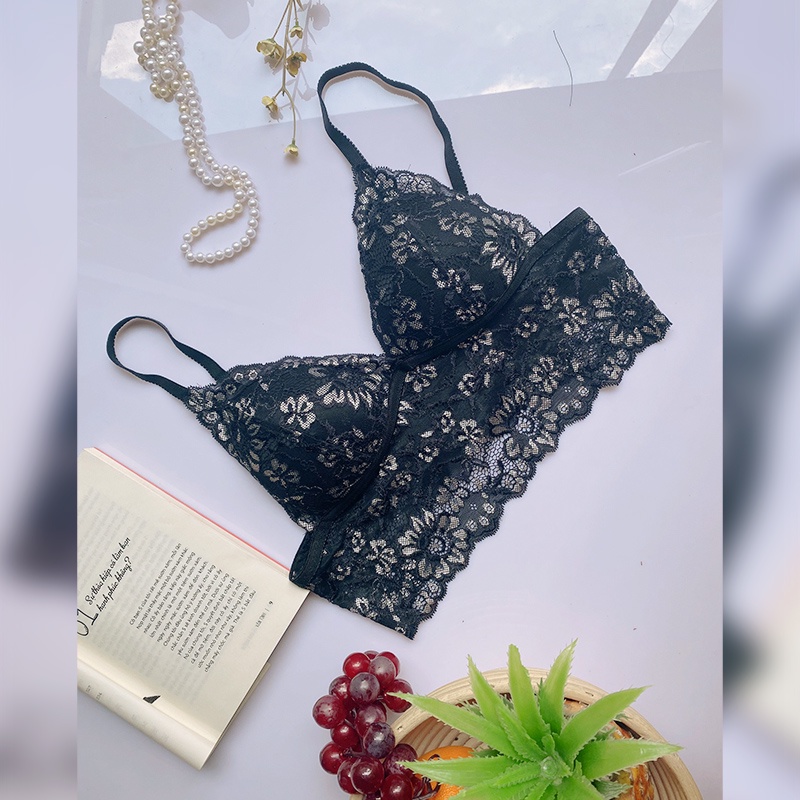 [THIẾT KẾ]Áo lót nữ bralette thêu hoa trắng màu đen màu trắng có dây trang trí ngực thương hiệu NGAN BRALETTE