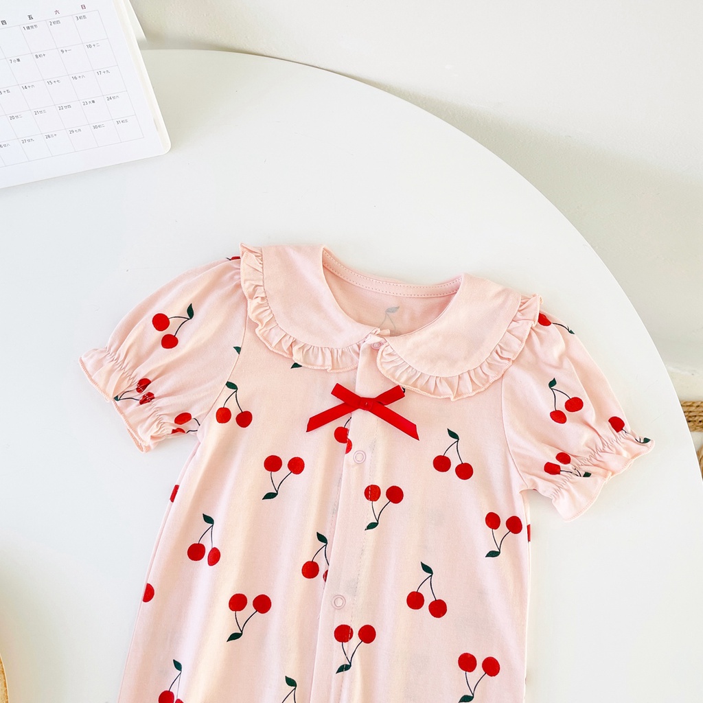 Áo liền quần SANLUTOZ cotton tay ngắn in họa tiết quả cherry xinh xắn mùa hè dành cho bé gái