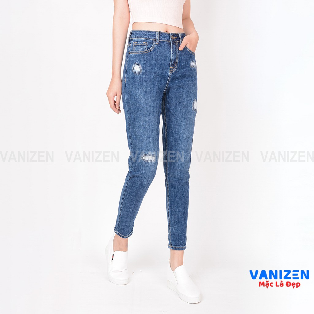 Quần jean nữ ống rộng baggy đẹp lưng cao cạp căn bản rách thêu hàng hiệu cao cấp mã 461 VANIZEN