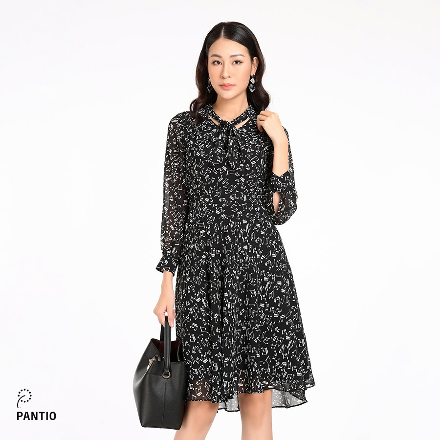 Đầm công sở chất liệu thun mát cổ thắt nợ họa tiết nốt nhạc FDC92622 - PANTIO