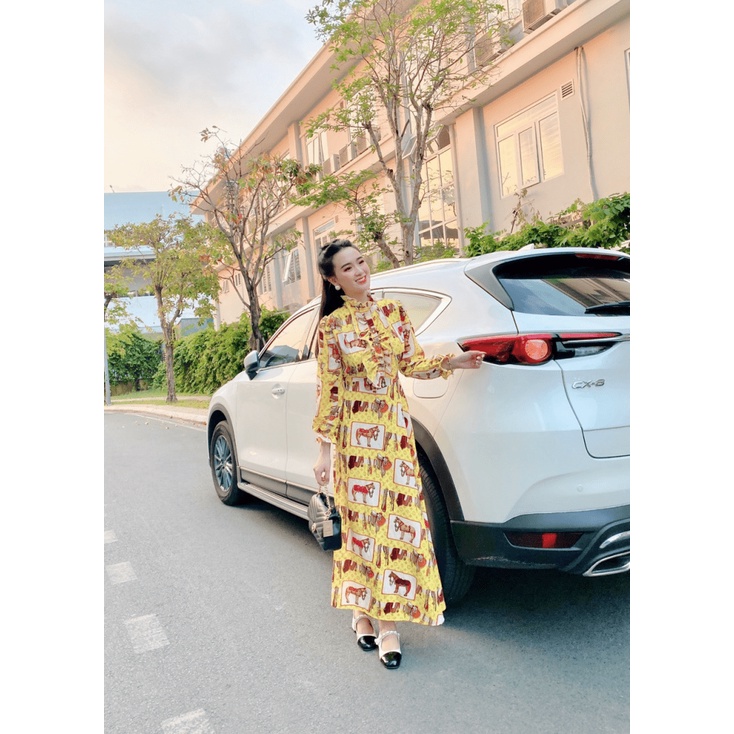 (Free ship) Mẫu Cực HOT-- Mẫu THiết Kế Hợp Thời Trang | Đầm Lụa Cổ Cao Tay Dài In Họa Tiết  UP VLTN Shop