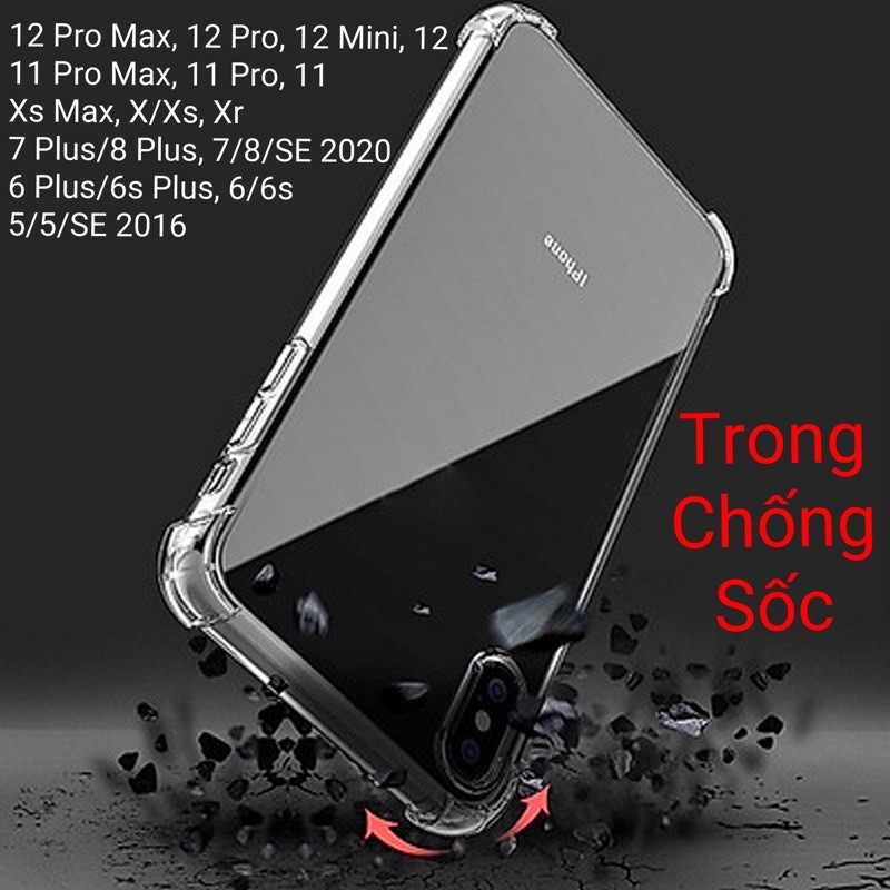 Ốp Lưng Dẻo Trong Chống Sốc iPhone 13 Pro Max 6.7, 13 Mini, 12, 11, X/Xs, Xr, Xs Max, 7/8 Plus, 6/6s, SE, 5/5s