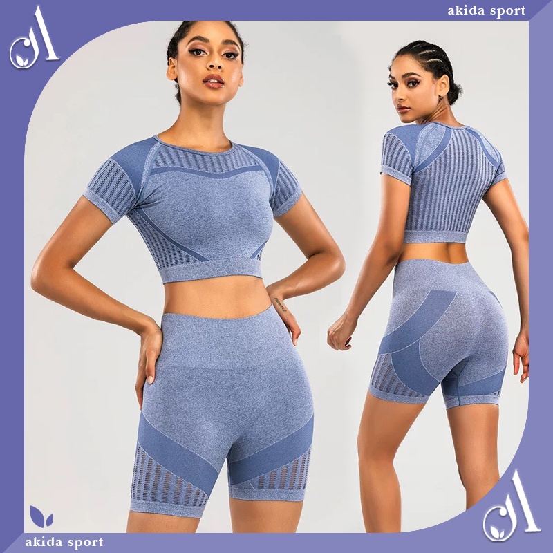 Set Bộ Thể Thao Dệt Kim Quần Đùi Áo Croptop Tay Ngắn Dệt lưới Lưng Siêu Thoáng