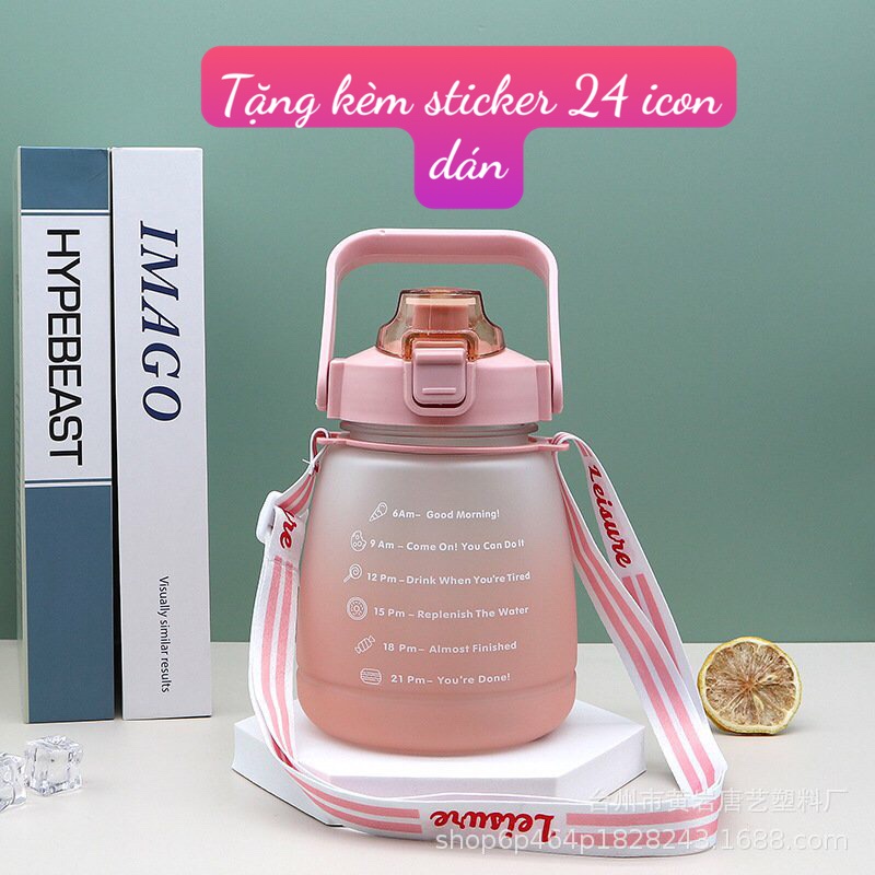 Bình đựng nước dễ thương 1.3 Lít học sinh có ống hút khi bật nắp tặng kèm sticker 3d