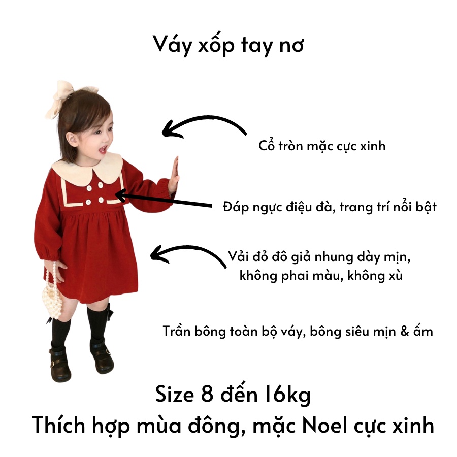 Váy đỏ thu đông mặc Noel và Tết cực xinh cho bé từ 7 đến 16kg
