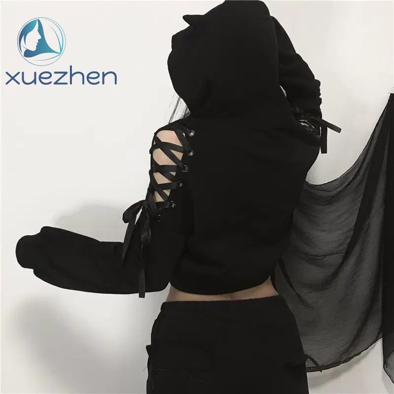 Áo Hoodie Màu Đen Dáng Rộng Phối Tai Mèo Dễ Thương Phong Cách Harajuku Cho Nữ