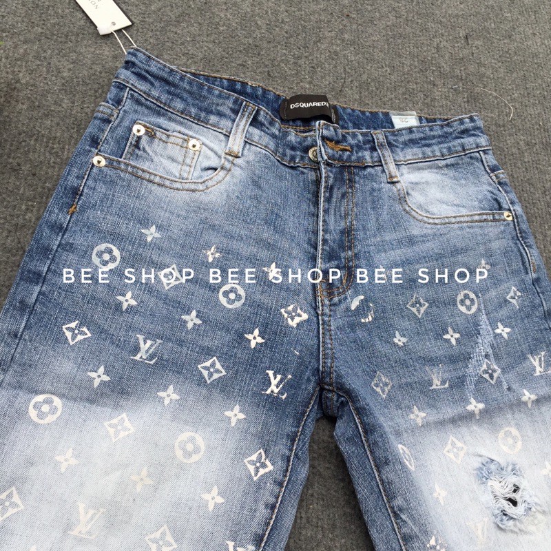 Quần bò ngố LV hoạ tiết, quần jean đùi nam, quần short bò - Bee Shop