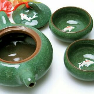 Bộ Ấm Trà Men Ngọc Cá 3D