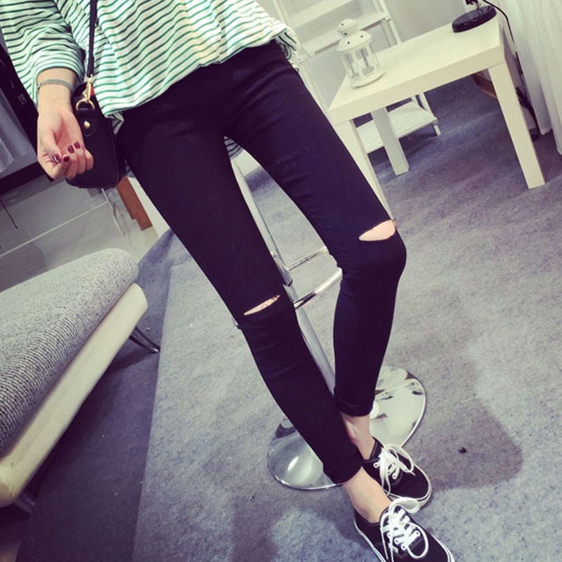 Quần jean dài dáng skinny phối rách kiểu lưới cá thời trang dành cho nữ