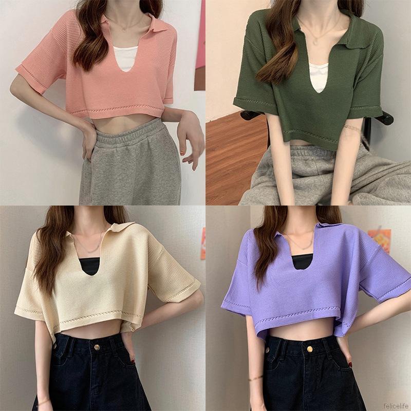 Áo Croptop Dệt Kim Tay Ngắn Dáng Rộng Cổ Chữ V Thời Trang Cho Nữ