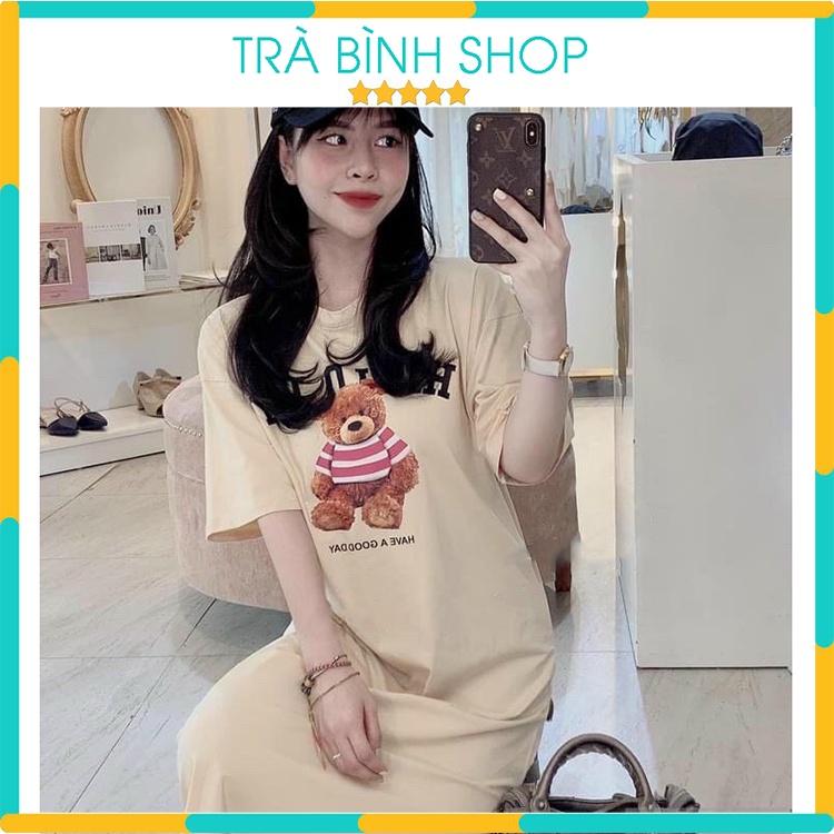 Đầm Suông Nữ Chất Cotton In Họa Tiết Váy Ngắn Tay Hình Gấu Bông 2 Màu Thoáng Mát