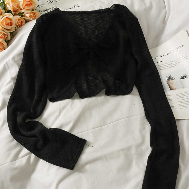 Áo Dệt Kim Mỏng Tay Dài Cổ Chữ V Thiết Kế Thắt Nút Trong Suốt Phong Cách Hàn Quốc Cho Nữ