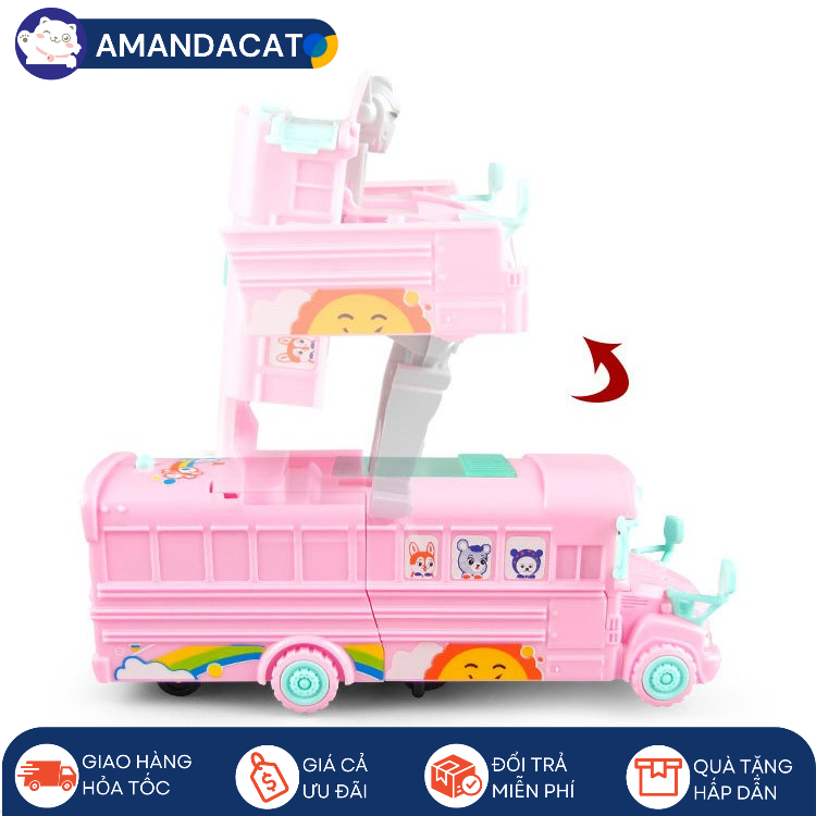 [Hàng sẵn] Xe b us hồng điều khiển từ xa biến hình thành robot có đèn và nhạc khi di chuyển - biến hình