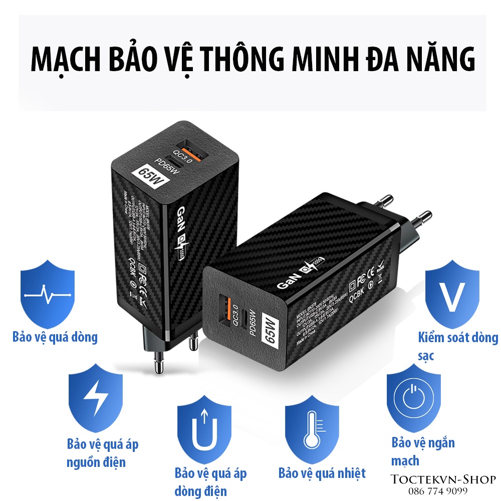 Củ Sạc 65W GaN QC 3.0 USB Type C dùng cho laptop, điện thoại các hãng.