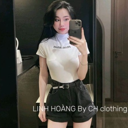 Áo thun cổ lọ in chữ miu miu full màu sắc A15