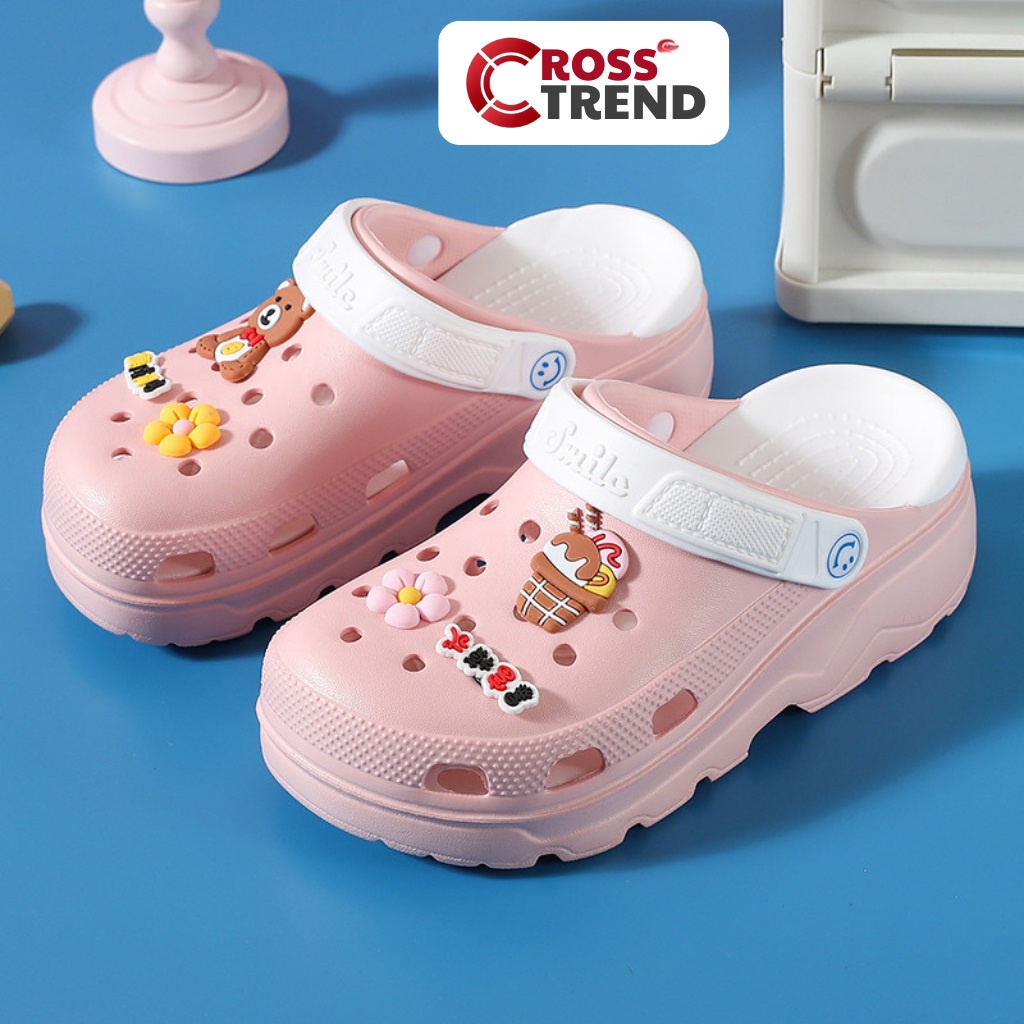 Dép cross, Crocs nữ đẹp Smile Hồng đế cao 4cm hãng Heng Yu 100% nhựa eva siêu êm chân tặng 8 sticker jibitz CROSS TREND