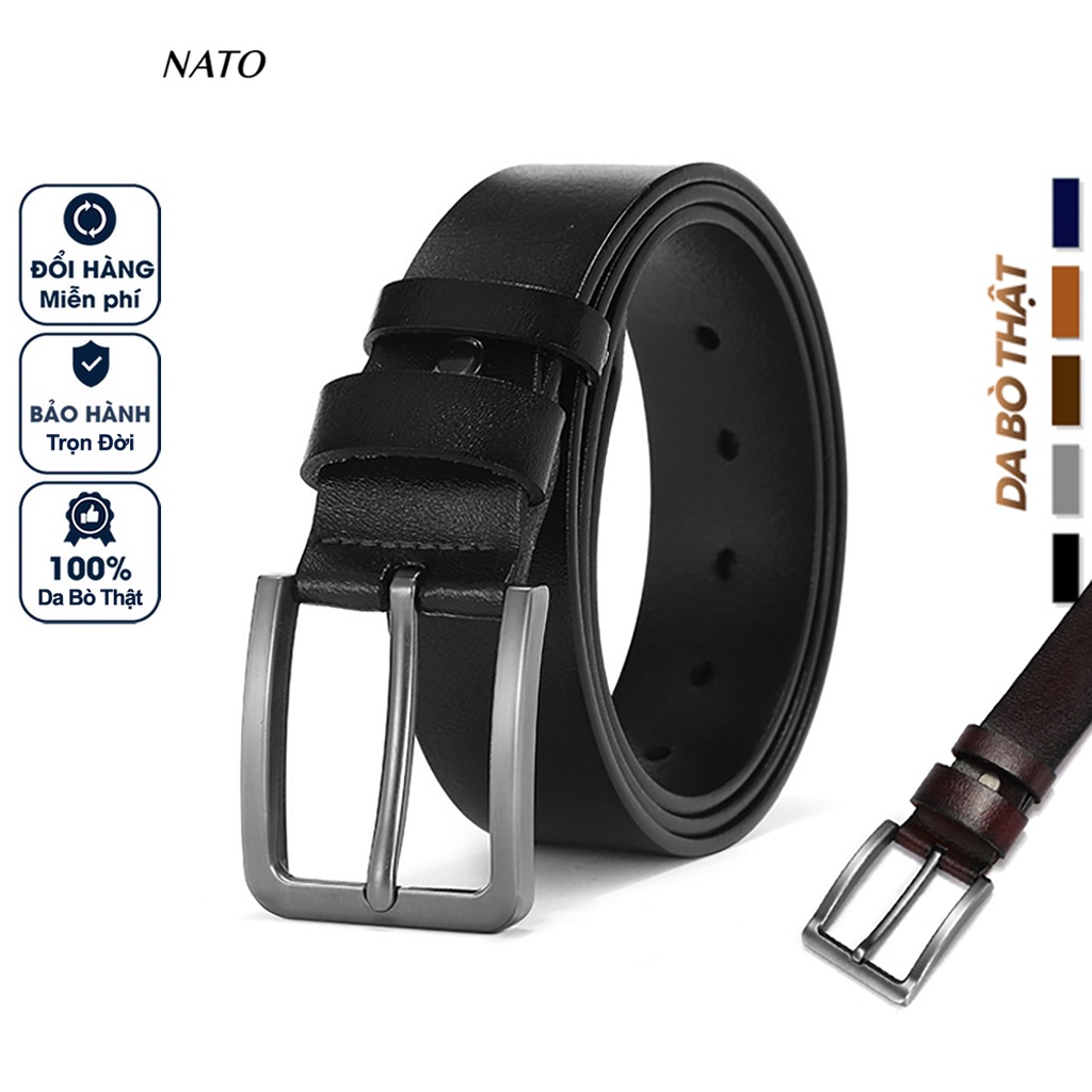 Thắt Lưng Nam BẠC NATO Khóa Lỗ Kim Da Bò Thật Cao Cấp Dây Nịt Bền Đẹp Sang Công Sở Thời Trang Đi Học Làm Bản Nhỏ Đen Nâu