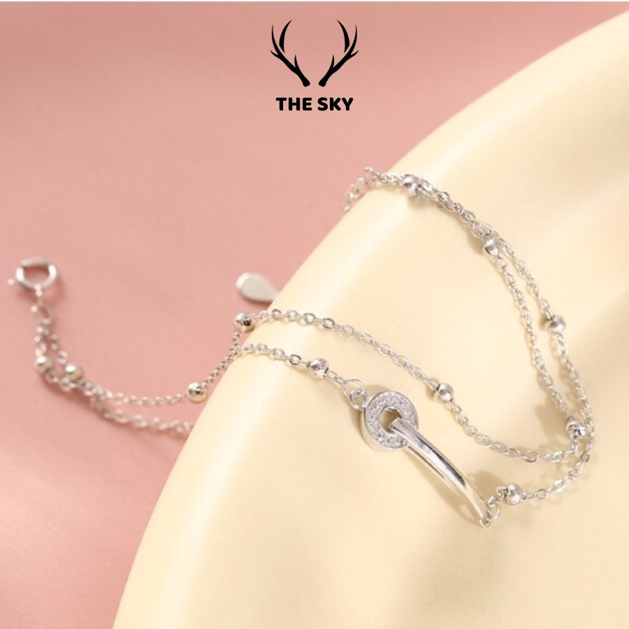 Vòng Tay Bạc Nữ THE SKY VT1023 Hai Dây Sợi Mảnh Kèm Mặt Tròn Đính Đá Điểm Hạt Bạc